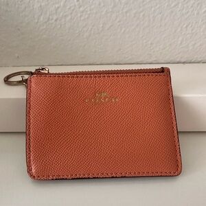 Coach Coral Pink Pebbled Leather Zip Card Case ID Wallet Key Ring